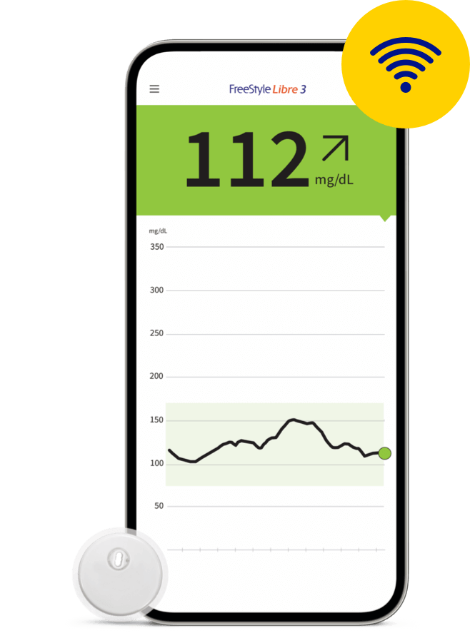 Screenshot showing FreeStyle Libre wireless icon on a smartphone with the FreeStyle sensor visible next to it.