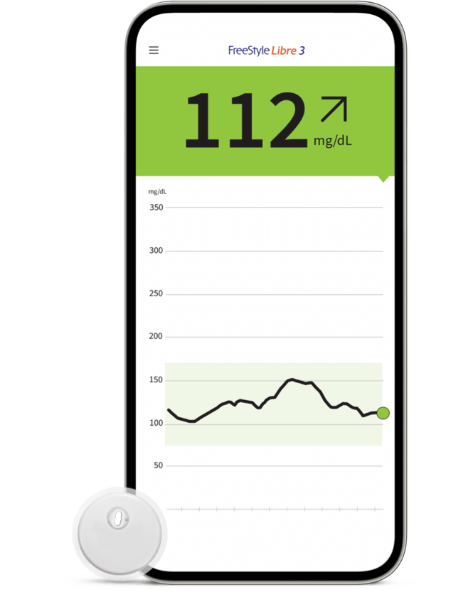 A screenshot of FreeStyle Libre 3 on a smartphone next to a FreeStyle Libre 3 sensor.