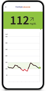 Celular com FreeStyle LibreLink com uma leitura com hipoglicemia.
