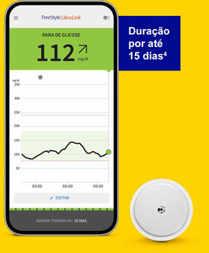 Lockup smartphone FreeStyle LibreLink + Sensor e a frase "Duração por até 15 dias4