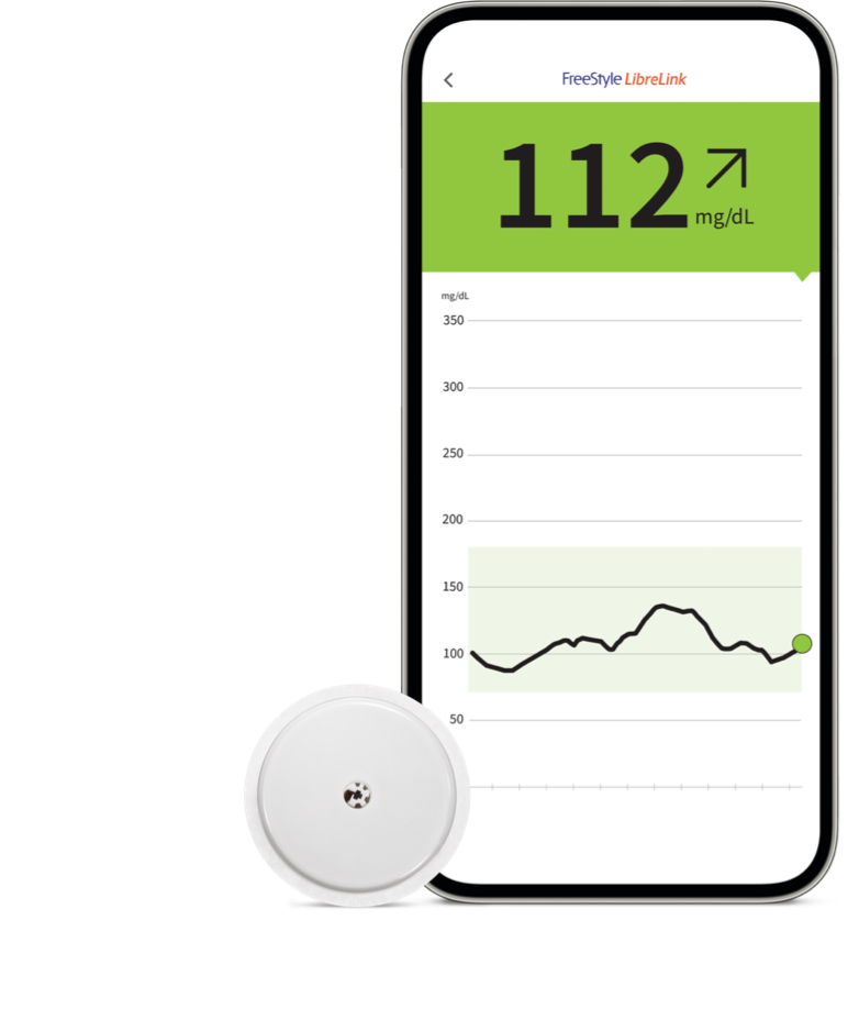 Animated FreeStyle Libre App captured on a smartphone with the FreeStyle Libre sensor next to it.