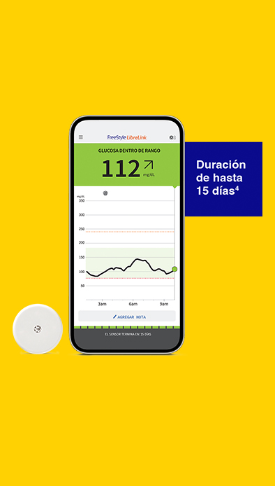 Lockup smartphone FreeStyle LibreLink + Sensor y la frase "Duración de hasta 15 días⁴"