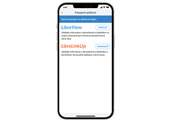 Smartfón zobrazujúci obrazovku Prepojené aplikácie v aplikácii FreeStyle LibreLink.