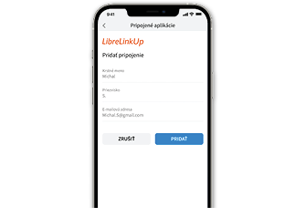 Smartfón s obrazovkou LibreLinkUp Pridať pripojenie v aplikácii FreeStyle LibreLink.