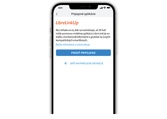 Smartfón s úvodnou obrazovkou k LibreLinkUp v sekcii Pripojené aplikácie v aplikácii FreeStyle LibreLink.