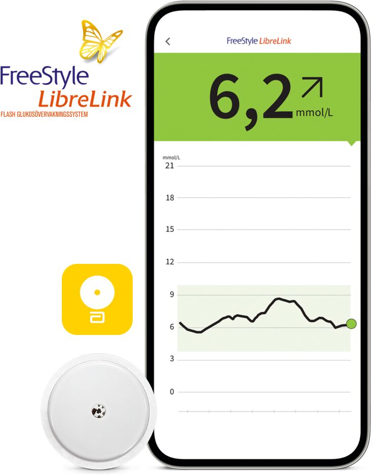 FreeStyle Libre 2-sensor och FreeStyle LibreLink-appen visas på en smarttelefon