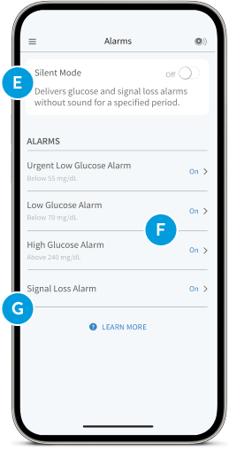 Smartphone displaying the custom alarm screen of the FreeStyle Libre app